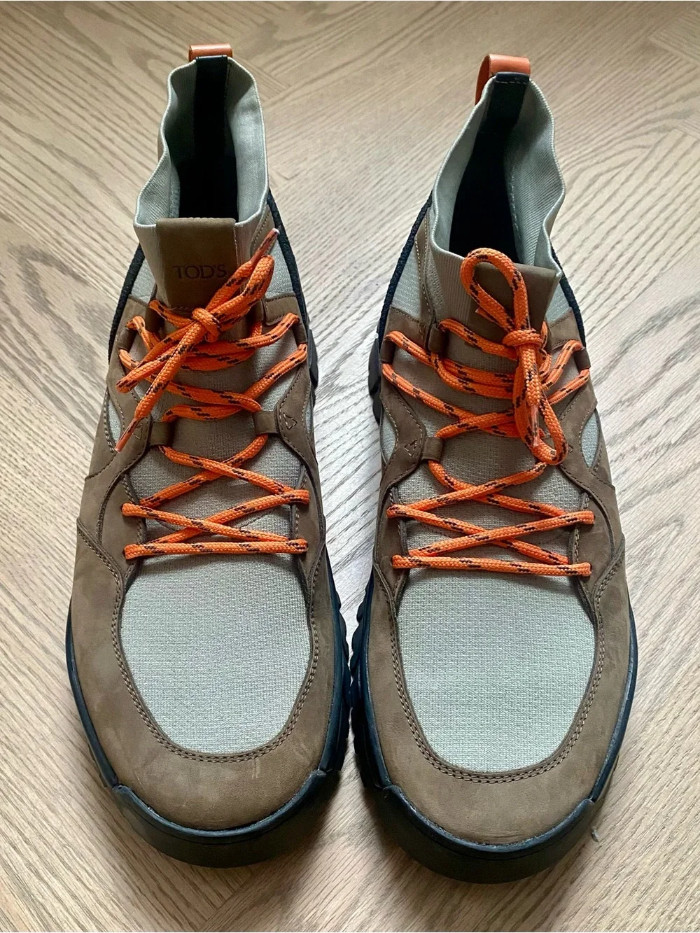 Tod's Brown and Olive Suede High-Top Trail Boot with Orange Laces